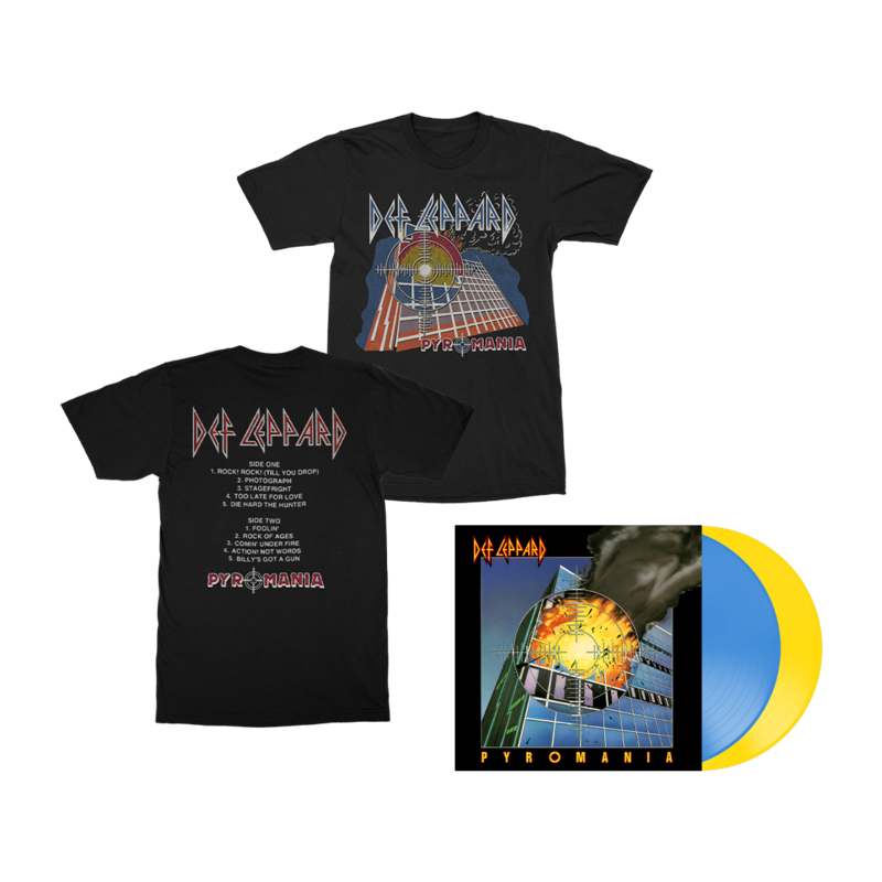 Pyromania by Def Leppard - Exclusive Blue & Yellow Coloured 2LP + Tracklist T-Shirt - shop now at uDiscover store